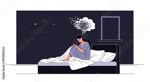 Woman sitting on bed at night with anxious thoughts, insomnia, mental health concept
