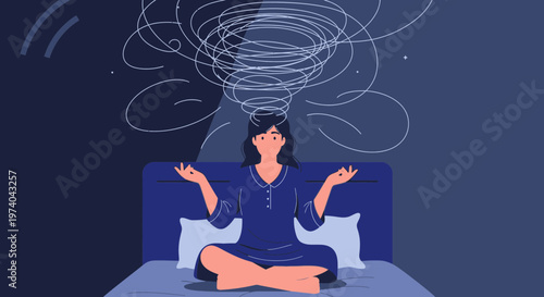 Woman meditating in bed with chaotic thoughts swirling above her head