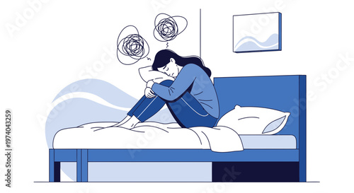 Woman suffering from anxiety, depression, and mental health issues, sitting on a bed.