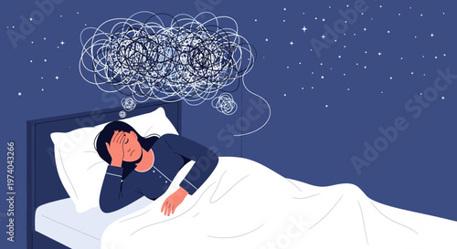Woman struggling with insomnia, anxious thoughts swirling in her mind at night