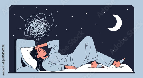 Woman suffering from insomnia, anxiety, and stress at night, unable to sleep