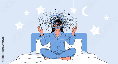 Woman with tangled thoughts in head meditating in bed at night, insomnia concept