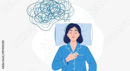 Woman with tangled thoughts lying in bed, mental health, anxiety, insomnia, stress
