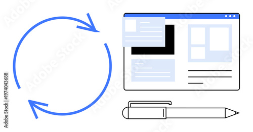 Content creation, digital updates, workflow efficiency, web design, content management, creative process. Arrows showing process loop, web interface pen for editing. Content creation and digital