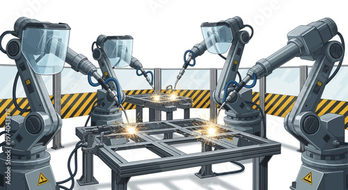 A factory automation vector illustration depicts robotic arms welding metal frames on tables, showcasing industrial precision against a white backdrop with hazard stripes, conveying a sense