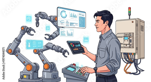 An engineer is depicted in a vector illustration, monitoring a robotic arm system with a tablet and control panel in a factory setting, showcasing industrial automation robotics