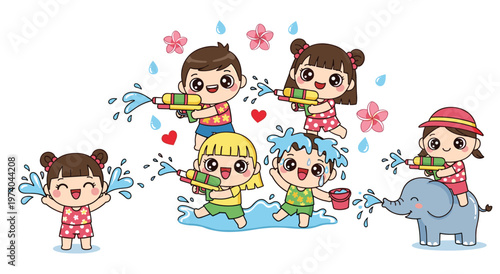Joyful kids celebrating songkran, thai new year, splashing water, using squirt guns, and playing with a cute baby elephant, enjoying summer fun and festive traditions.