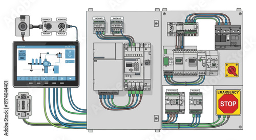 A detailed vector illustration depicts a factory automation system with robotic arms, highlighting system monitoring on a digital interface against a clean white background