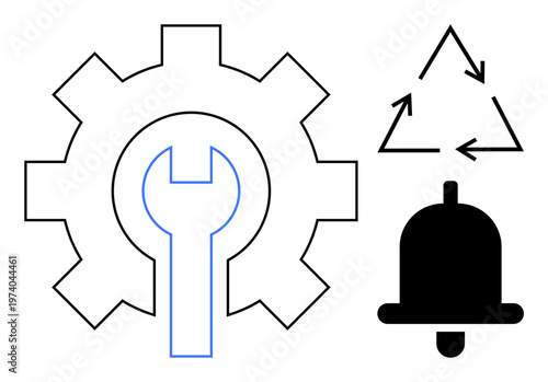 Settings, maintenance, notifications, recycling, apps, systems. Gear with wrench, recycle symbol and bell. Settings and maintenance concepts illustrated through icons for usability