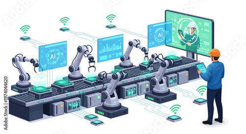 Isometric illustration showcasing industrial automation robotics, featuring a robotic arm manufacturing system monitoring data on screens along a conveyor belt, with an engineer observing