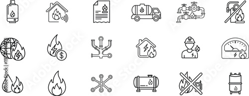Gas energy system line icons set including pipeline, storage tank, delivery truck, safety, flame, utility meter, industrial network and home heating vector illustration