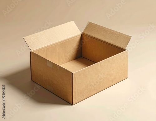 A brown cardboard box with its lid open on a beige background
