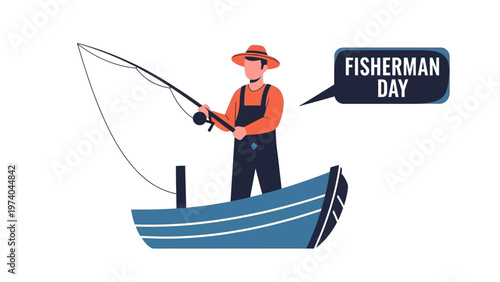 Fisherman Standing on Boat with Fishing Rod.
