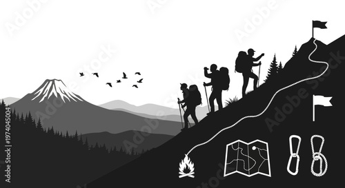 Silhouetted hikers ascend mountain slope towards flag and goals in nature scene