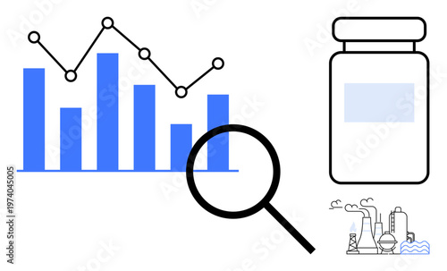 Data analysis, pharmaceutical research, industry trends, medicine production, statistical evaluation, and quality control. A bar graph with a line chart, magnifying glass, medicine bottle
