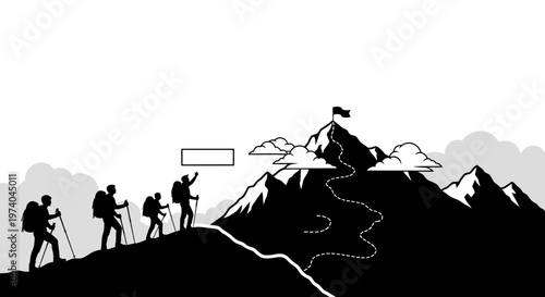 Silhouetted hikers ascend mountain towards flag success concept vector illustration