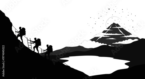 Silhouetted hikers ascending mountain in monochrome landscape illustration