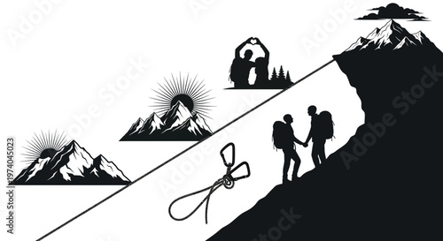 Silhouetted hikers ascending a mountain slope depicting a journey of adventure