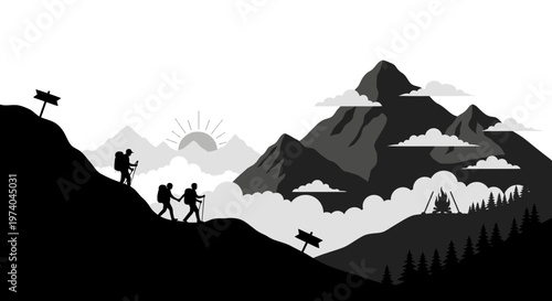 Silhouetted hikers ascending mountain range at sunrise or sunset illustration
