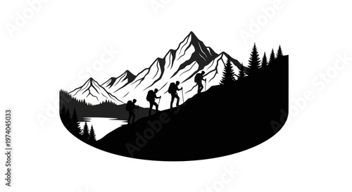 Silhouetted hikers ascending mountain range adventure travel concept