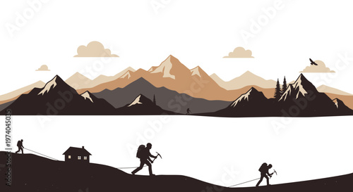 Silhouetted hikers ascending mountain range in graphic landscape illustration