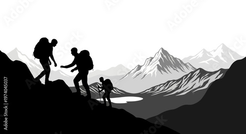 Silhouetted hikers ascending mountain range under cloudy sky during daylight