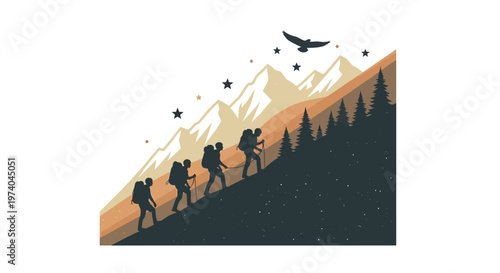 Silhouetted hikers ascending mountain slope with forest and eagle vector illustration