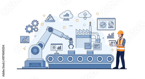 An engineer overseeing an automated factory system with a robotic arm and conveyor belt, depicted in a flat vector illustration with clean lines and a bright, modern aesthetic