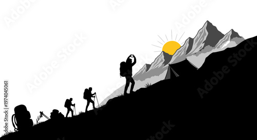 Silhouetted hikers ascending mountain toward sunrise with camping tent illustration