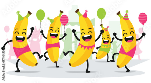 A group of cheerful anthropomorphic bananas dancing and celebrating with party hats and balloons. Fun, energetic, and festive cartoon characters.