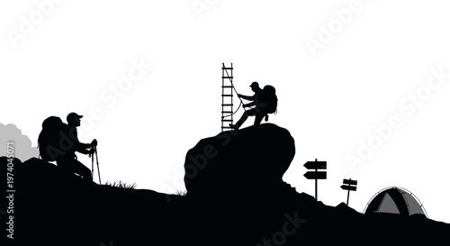 Silhouetted hikers ascending mountain with camping tent and signposts outdoors