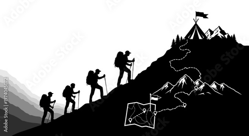 Silhouetted hikers ascending mountain towards flag achievement concept