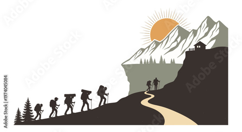 Silhouetted hikers ascending mountain trail towards sun and peaks