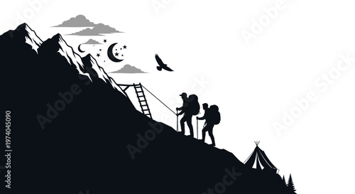Silhouetted hikers ascending mountain with night sky elements and a tent
