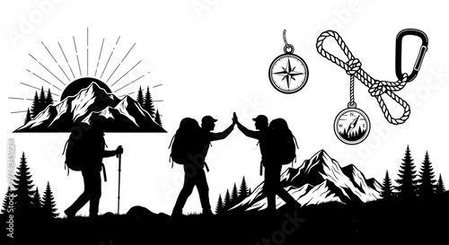 Silhouetted hikers celebrate success with mountain adventure landscape illustration