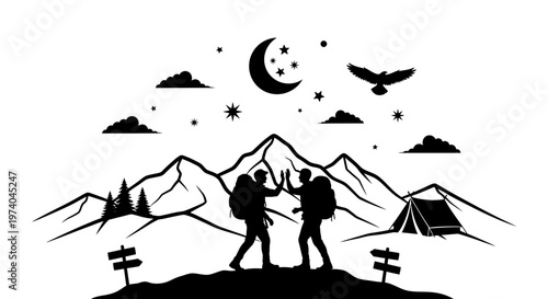 Silhouetted hikers celebrating success on mountain peak with camping equipment