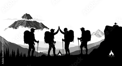 Silhouetted hikers celebrating success on mountain trail with backpacks