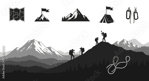 Silhouetted hikers climbing mountain peak with climbing equipment vector illustration