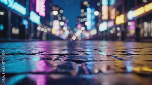 Neon City Street Reflections - A Vibrant Nighttime Scene.