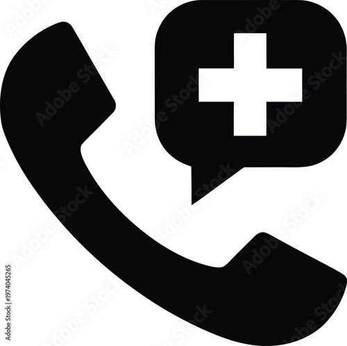Black medical hotline icon featuring a phone and plus sign a bold silhouette