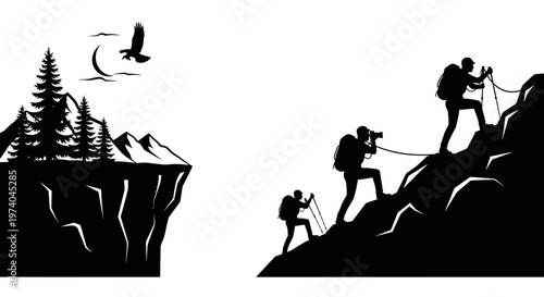Silhouetted hikers climbing mountain with landscape scenery illustration