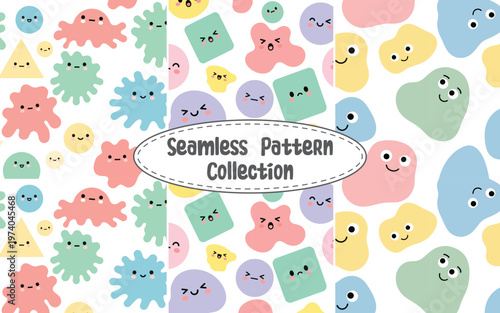 Kawaii pastel blob characters seamless pattern collection.