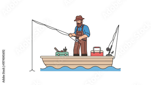 Man Fishing on Boat Cartoon Illustration.