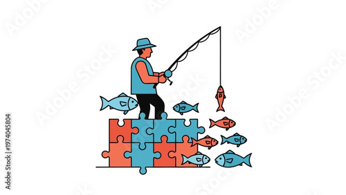 Man Fishing on Puzzle Pieces.