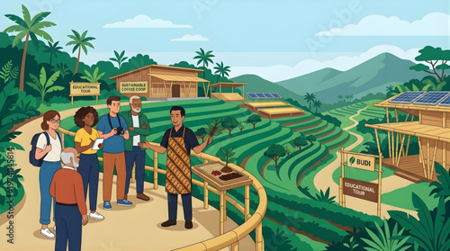 Local guide explaining organic coffee bean sorting to multicultural travelers in a sustainable cooperative