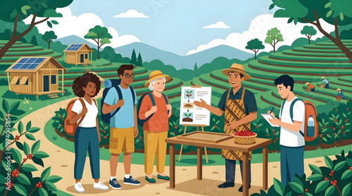 Group of tourists visiting eco-friendly coffee farm with renewable solar energy and bamboo architecture