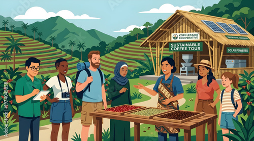 Educational tour at sustainable coffee plantation featuring solar power and diverse group of visitors