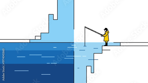 Man Fishing from Stairs by Water.