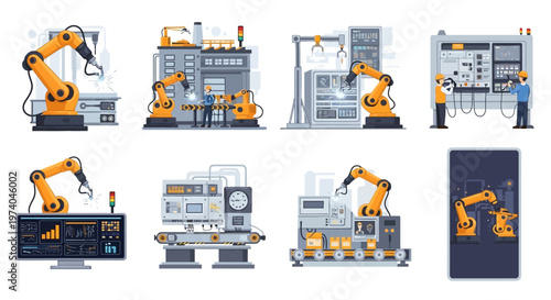 A flat vector illustration features various scenes of industrial automation robotics, including robotic arms working in a factory setting, system monitoring displays, and an engineer