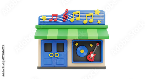 Cartoon Music Store with Musical Notes and Guitar